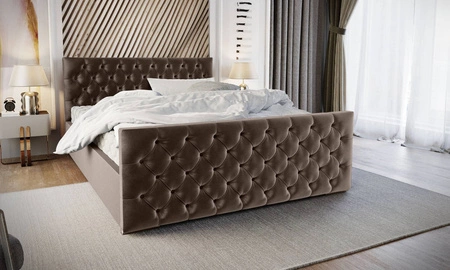 Čalouněná postel Viamao 180x200 světle hnědá s kontejnerem v moderním skandinávském stylu s prošívaným čelem a nohama