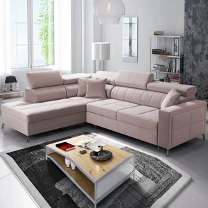 Rohová sedačka s funkcí spaní Nausa III pudrově růžová levá sametová stylová pohodlná rohová sedačka nastavitelné opěrky hlavy kontejner na lůžkoviny