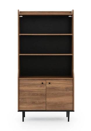 Policový regál Apallo 80 cm brandy dub castello výrazný design masivní sestava na kovové základně zakřivená linie korpusu