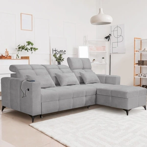 Rohová rozkládací pohovka s funkcí spaní Laredo šedý jasan pravý roh pohodlná a stylová rozkládací pohovka s kontejnerem na lůžkoviny