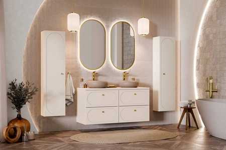 Koupelnový nábytek Donna Sand béžová elegantní koupelnové skříňky s ozdobným zaobleným frézováním na čelech zlaté úchytky