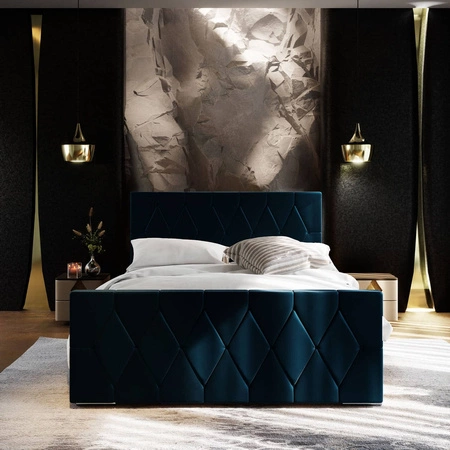 Čalouněná postel Sparks 180x200, tmavě modrá, s úložným prostorem v moderním stylu s výrazným čelem a nohou