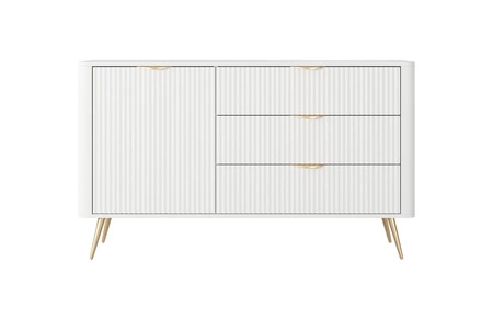 Zásuvková komoda Lante 138 cm bílá elegantní zaoblená komoda na kovovém podstavci se stylovými úchyty