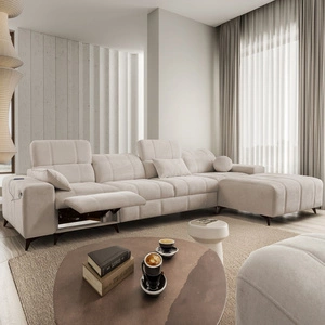 Rohová sedací souprava s funkcí spaní Penejos XII Lux béžová pravostranná stylová rohová sedací souprava s pohodlným výsuvným podnožníkem