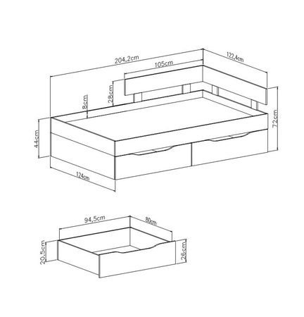 Postel se zásuvkami Epsilon 120x200 cm beton / bílá / dub moderní design lemování postele se speciální ABS dýhou