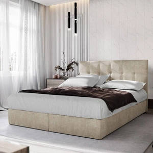 Béžová kontinentální postel Harmony 140x200 v moderním skandinávském stylu s čelem zakončeným ozdobnými knoflíky