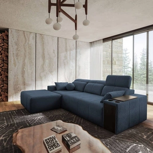 Rohová sedací souprava s funkcí spaní Tesalia modrá levá moderní design pohodlný posuvný opěrák zásuvka v boku nábytku