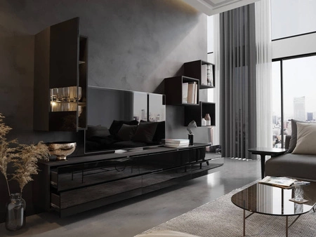 Nástěnná skříňka Peritia černá / černý lesk Minimalistický design nástěnné skříňky pro obývací pokoj nebo zasedací místnost Systém push to open