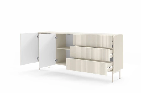 Nábytková sestava Muti béžová designová závěsná skříňka do obývacího pokoje poutavé drážky na čelech nábytku a korpusy systém push to open