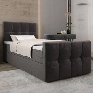 Šedá kontinentální postel Manhattan 90x200 v moderním skandinávském stylu s čalouněným čelem a nohou postele s úložným boxem