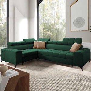 Rohová sedací souprava s funkcí spaní Bolmso II zelená levá rohová sedací souprava s kontejnerem na ložní prádlo s plnovýsuvnou zásuvkou v boční části nábytku