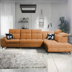 Rohová sedací souprava s funkcí spaní Buffalo XI med pravá strana stylová rohová sedací souprava se třemi přihrádkami na lůžkoviny velurová tkanina