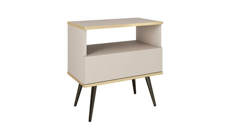 Luxusní béžový noční stolek se zásuvkou elegantní design skříňka doplněná zlatým lemováním skříňka stojí na černých kovových nožkách