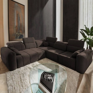 Rohová sedačka s funkcí spaní Cetara III hnědá pravá ergonomická rohová sedačka s posuvným opěradlem a nastavitelnými opěrkami hlavy