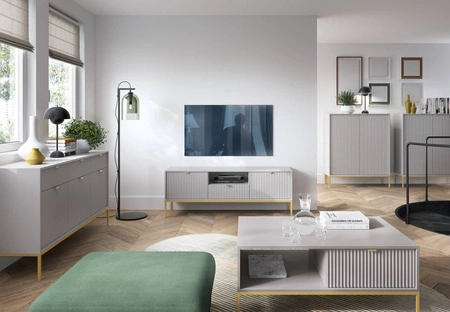 Konferenční stolek Lovro šedý se zásuvkami moderní design deska odolná proti rozlití zlaté kovové nohy