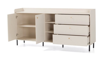 Komoda Ferdi 194 cm béžová písková elegantní design vysoký okraj horních čel obohacený zlatými úchyty