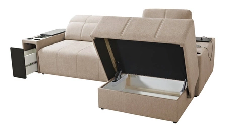 Rohová sedací souprava s funkcí spaní Tesalia hnědá pravý roh moderní design pohodlné posuvné opěradlo zásuvka v boku nábytku