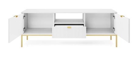 Nábytková sestava Lovro bílá moderní designová nástěnná skříňka do obývacího pokoje nebo zasedací místnosti obohacená o zlaté kovové doplňky