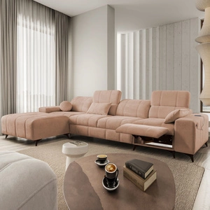 Rohová rozkládací pohovka s funkcí spaní Penejos XII Lux losos levá strana stylové rohové rozkládací pohovky s pohodlnou výsuvnou opěrkou nohou