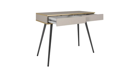 Luxusní bílá konzola se zásuvkami Stylový a elegantní toaletní stolek na vysokých černých nohách, doplněný zlatým lemováním