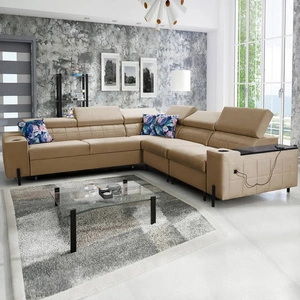 Rohová sedací souprava s funkcí spaní Belvi IV tmavě béžová pravá elegantní rohová rozkládací pohovka do obývacího pokoje praktický úložný prostor v bočnici