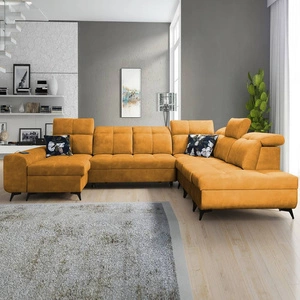 Rohová sedací souprava s funkcí spaní Buffalo X žlutá levá funkční a pohodlná rohová sedací souprava do pokoje s kontejnery na lůžkoviny
