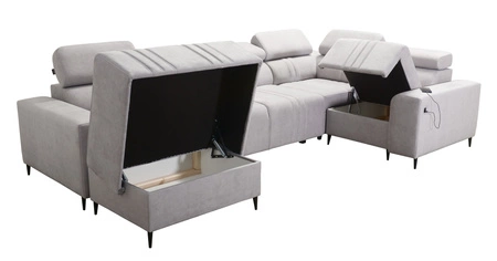 Rohová pohovka s funkcí spaní Castel IV šedý jasan levá stylová rohová pohovka s kontejnery na lůžkoviny a nastavitelnými opěrkami hlavy