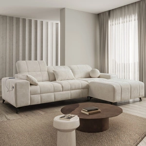 Rohová sedací souprava s funkcí spaní Penejos krémová pravá elegantní rohová sedací souprava s úložným prostorem na lůžkoviny pohodlné nastavitelné opěrky hlavy