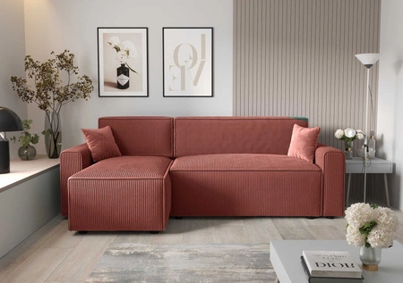 Rohová sedací souprava s funkcí spaní Brandon Bis Indian růžová levotočivá trojrozměrná tkanina s výraznou pruhovanou nádobou na lůžkoviny