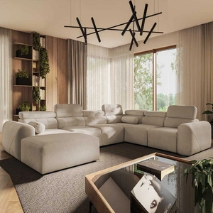 Rohová pohovka s funkcí spaní Cantare VIII béžová levá strana vkusná rohová sedací souprava s polohovatelnými opěrkami hlavy nádoby na lůžkoviny