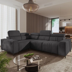 Rohová pohovka s funkcí spaní Castel II grafitová levá pohodlná rohová pohovka s nastavitelnými opěrkami hlavy kontejner na lůžkoviny