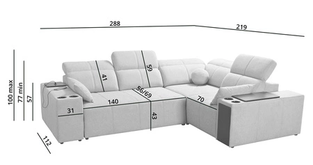 Rohová sedací souprava s funkcí spaní Tesalia II šedá pravá komfortní rohová sedací souprava do obývacího pokoje s posuvným opěradlem nádoba na lůžkoviny