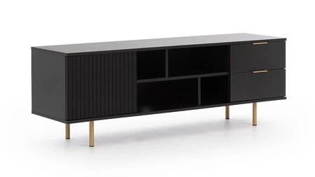 Sada nábytku do obývacího pokoje Sula černá obohacená o kovové úchytky dekorativní drážkované přední části systém push to open