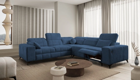 Rohová sedačka s funkcí spaní Penejos III Lux modrá pravá pohodlná rohová sedačka do obývacího pokoje s výsuvnou podnožkou kontejner na ložní prádlo