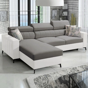 Rohová sedací souprava s funkcí spaní Savona šedá / bílá levá elegantní rohová sedací souprava s nastavitelnými opěrkami hlavy dekorativní prošívání