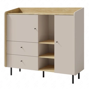 Komoda Olivio 125 cm pískově béžová / olejovaný dub ideální komoda do ložnice obývacího pokoje nebo pokoje pro mládež černé úchyty