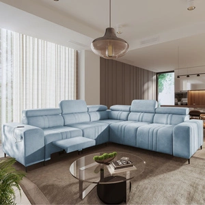 Rohová pohovka s funkcí spaní Castel III Lux modrá levá extrémně pohodlná rohová pohovka do obývacího pokoje s výsuvnou podnožkou