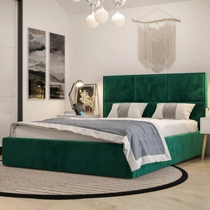 Čalouněná postel Hestia 160x200 s kontejnerem na lahve zelené barvy v moderním skandinávském stylu s pohodlnou opěrkou hlavy