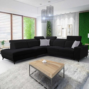 Kelly Sleek IX rozkládací pohovka černá levá elegantní rohová pohovka s pohodlnými područkami a nastavitelnými opěrkami hlavy