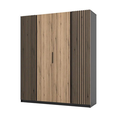 Šatní skříň Kastano XI 200 cm černá / dub evokuje moderní design dveří šatní skříně zdobené černými lamelami stylové hrany úchytek