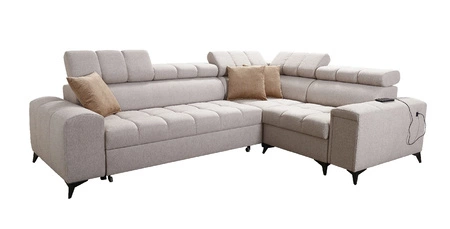 Rohová sedací souprava s funkcí spaní Bolmso II hnědá pravostranná rohová sedací souprava se zásuvkou na lůžkoviny s plným výsuvem v boční části nábytku