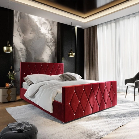 Čalouněná postel Tifton 160x200 bordó s úložným prostorem v moderním stylu s výrazným čelem a nohama s povrchovou úpravou krystaly