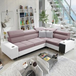 Rohová sedací souprava s funkcí spaní Dafni II levandulově růžová / bílá pravoúhlá rohová sedací souprava s úložnou zásuvkou na lůžkoviny v bočnici