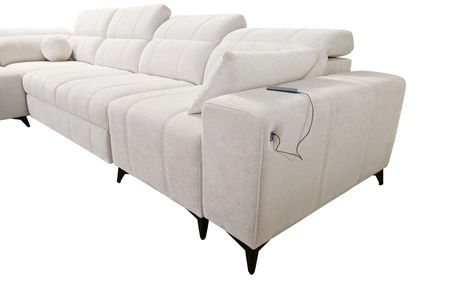 Rohová pohovka s funkcí spaní Penejos XI béžová levá pohodlná rohová pohovka s nastavitelnými opěrkami hlavy a dvěma přihrádkami na lůžkoviny