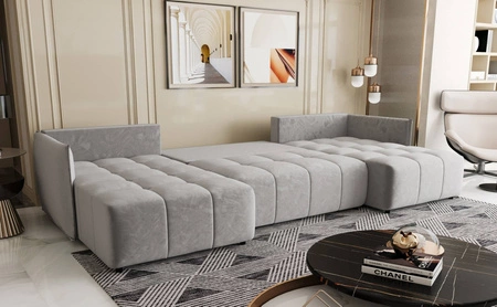 Rohová sedací souprava s funkcí spaní Oroso U světle šedý kontejner na lůžkoviny měkká sametová tkanina s hydrofobní vrstvou dekorativní prošívání