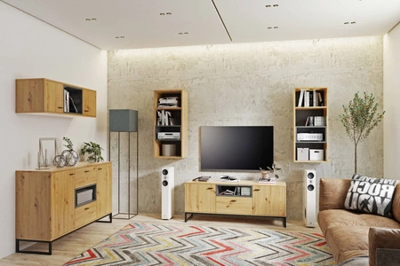 Sada nábytku Olier dub řemeslný moderní designová sada nábytku na kovových rámech nástěnná skříňka do obývacího pokoje v industriálním stylu