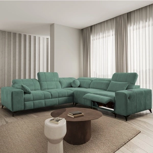 Rohová sedačka s funkcí spaní Penejos III Lux zelená pravá pohodlná rohová sedačka do obývacího pokoje s výsuvnou podnožkou kontejner na ložní prádlo