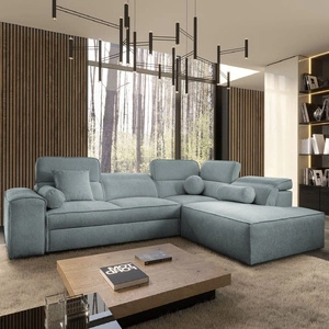 Rohová sedací souprava s funkcí spaní Viano VII šedomodrá pravý roh moderní a stylová s nastavitelnými opěrkami hlavy dekorativní polštáře