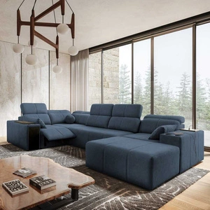 Rohová sedací souprava s funkcí spaní Tesalia IV Lux modrá pravostranná stylová rohová sedací souprava s výsuvnou opěrkou nohou a posuvnou funkcí opěradla