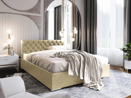 Čalouněná postel Bauru 180x200 béžová s úložným boxem v moderním skandinávském stylu s prošívanou opěrkou hlavy s krystaly